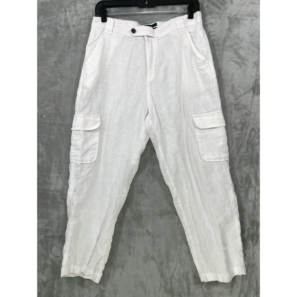 Rachel Roy Linen Cargo Crop‎ Pants Size M White Resort Safari Neutral Minimalist